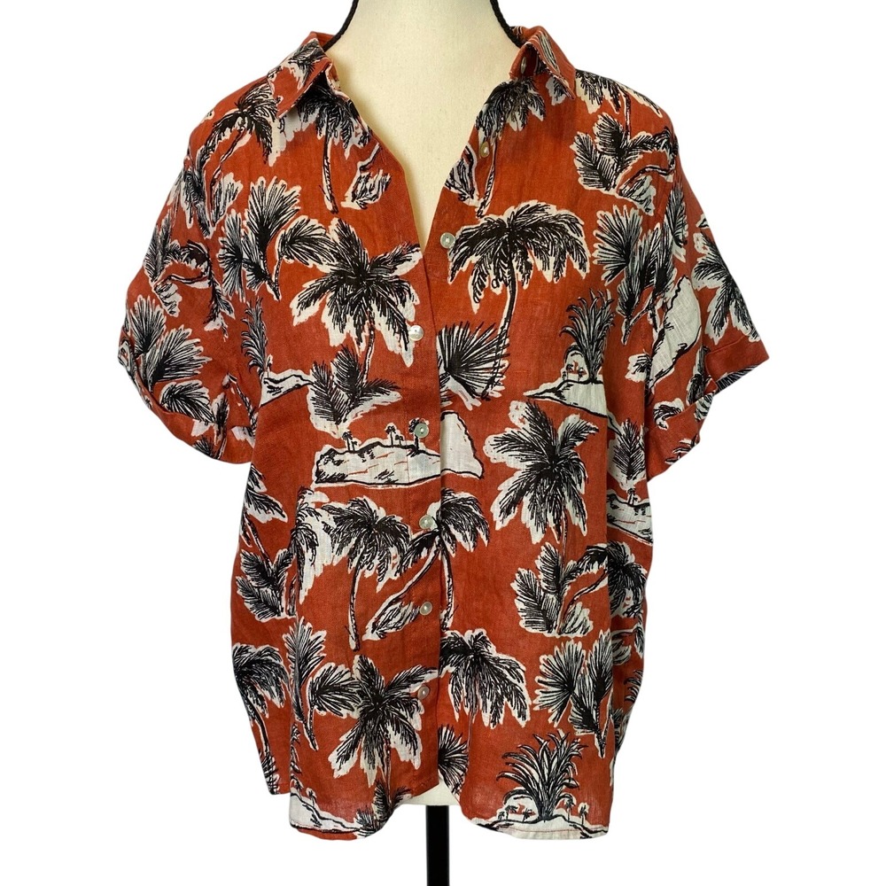 Tahari Women's Medium Linen‎ Short Sleeve Button Up Top Tropical Print Blouse